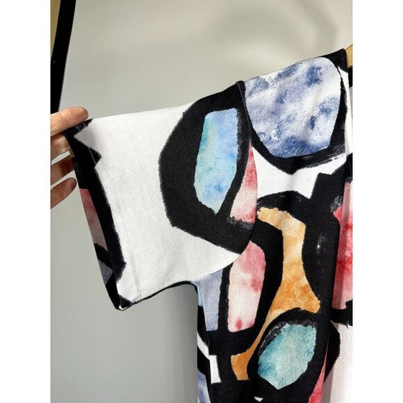 VIA RITINA Women's Abstract Watercolor V-Neck Short Sleeve Top White Size Medium - Picture 4 of 6